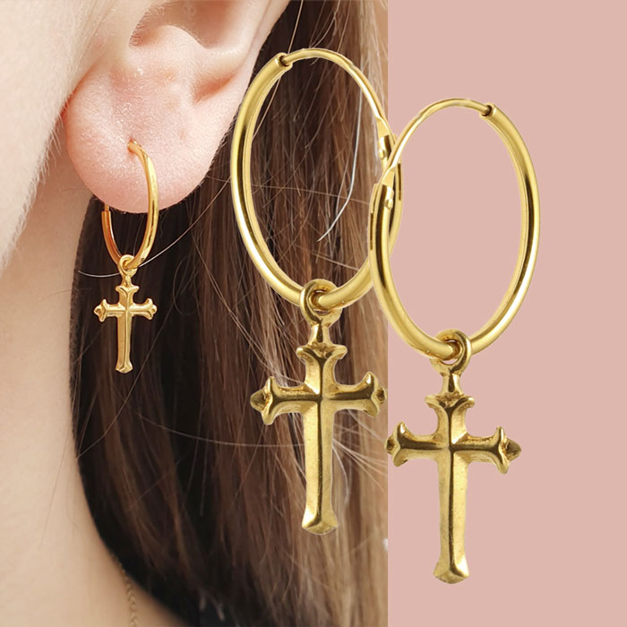Cross pendant with eye and jumpring, gold plated silver, 12x8mm. 1pc.