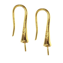 Earwires with long cup and peg, gold-plated silver silver, 19mm, 1 pair