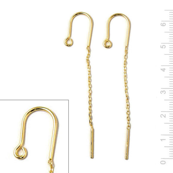 Earwires with loop, chain and peg, gold-plated silver, total length 65mm, 2pcs