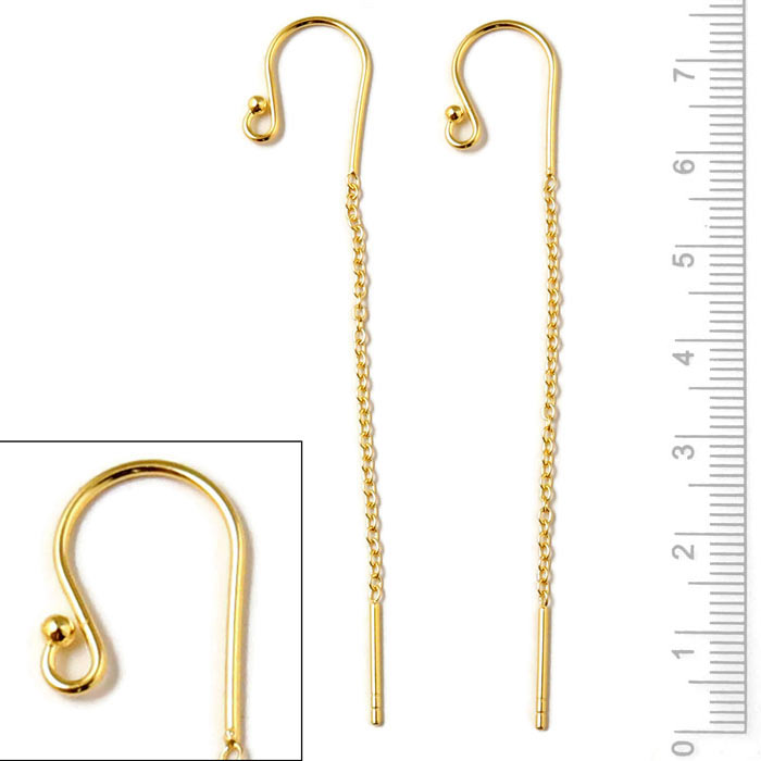 Earwires with ball, chain and peg, gold-plated silver, total length 75mm, 2pcs