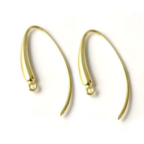 Earwires, gold-plated silver, long narrow teardrop with closed eye, 30x12x0.9mm, 2pcs