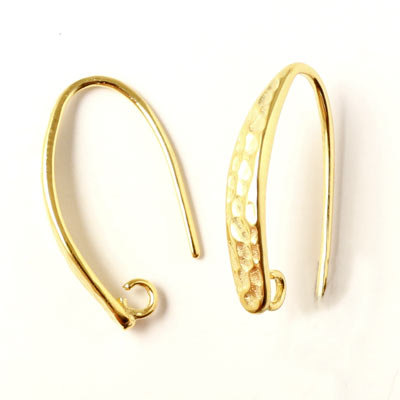 Earwires, gold-plated silver, hammered teardrop with loop, 24x3x0.9mm, 2pcs