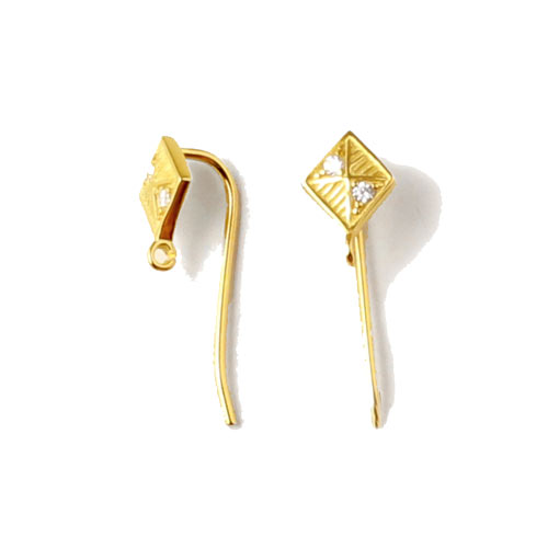 Earwires, gold plated silver, diamond-shape with Zirconia and eye, 20x7mm, 2pcs