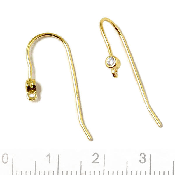 Earwires with zirconia and open loop, gold-plated silver, 27 mm, 2pcs