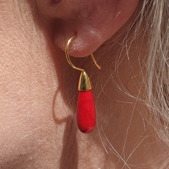 Pressed coral, red teardrop, red, half-drilled, 22x7x3mm, 2pcs