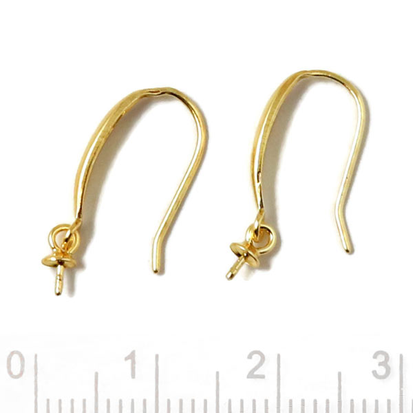Earwires, gilded silver, oblong teardrop with hanging cup pearl bail pin, 21mm, 2pcs