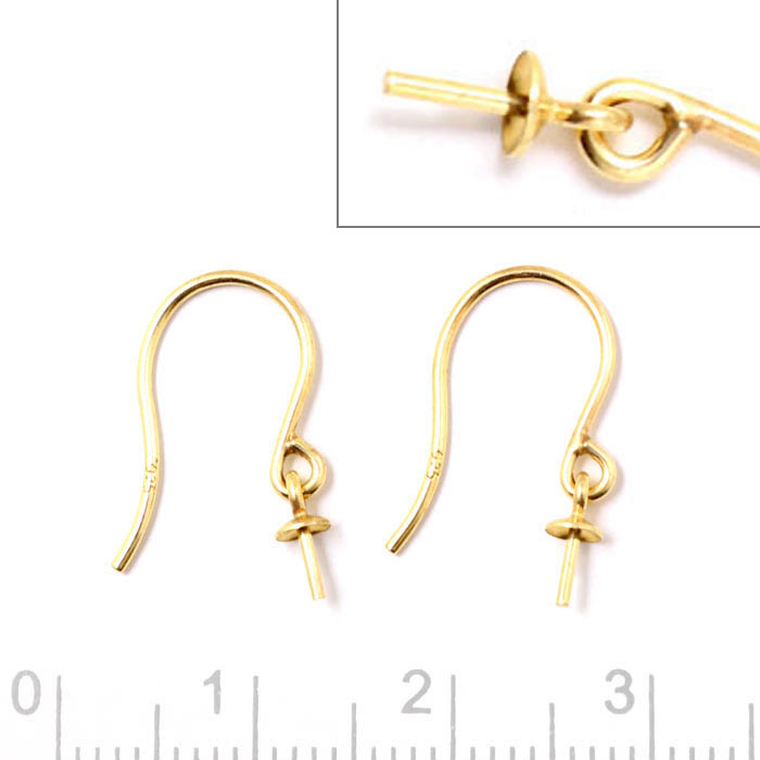 Earwires, with loop and hanging bail pin, gold plated silver, 17mm, 2pcs