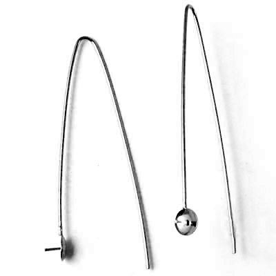 Earwires, long, open, with cup and peg, black sterling silver, 2pcs