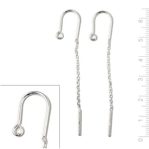 Earwires with loop, chain and peg, silver, total length 65mm, 2pcs