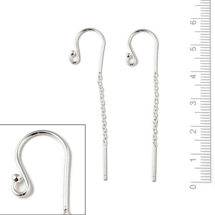 Earwires with ball, chain and peg, silver, total length 55mm, 2pcs