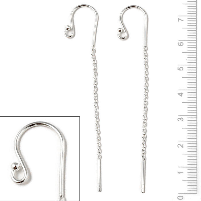 Earwires with ball, chain and peg, silver, total length 75mm, 2pcs