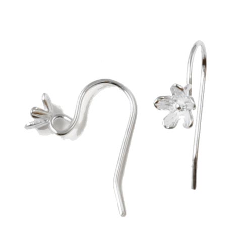Earwires with flower, glossy silver 19x6mm, 2pcs.