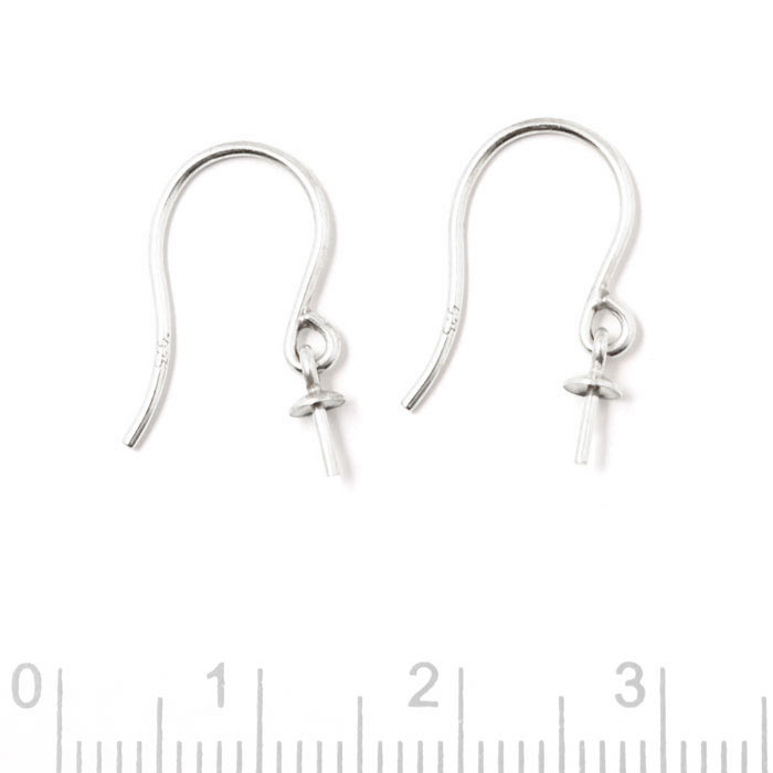 Earwires, silver, standard with hanging cup pearl bail pin, 17mm, 2pcs