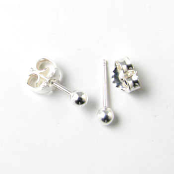 Earstuds with 3mm ball, sterling silver, 14x3x0.7mm, 2pcs