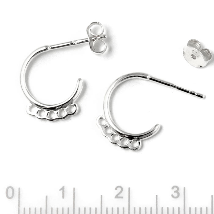 Earstuds, open arch with 5 loops, silver, diameter 12mm, wire 1.8mm, 2pcs