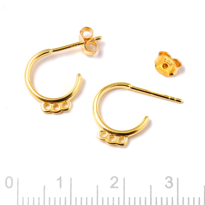 Earstuds, open arch with 3 loops, gold-plated silver, diameter 12mm, wire 1.8mm, 2pcs