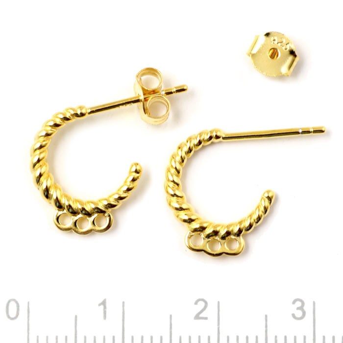 Earstuds, open rippled arch with 3 loops, gold-plated silver, 13x2mm, 2pcs