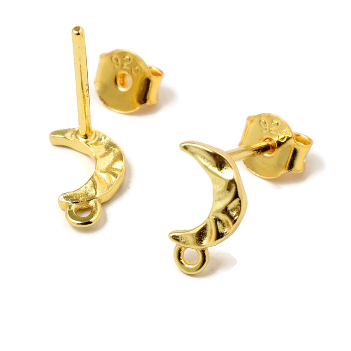 Stud earrings, uneven surface, crescent moon with loop, 9.5x5 mm, gold-plated silver, 2 pcs.