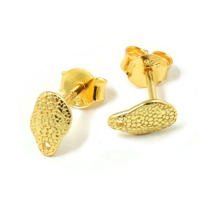 Ear stud, finely hammered pad with hole, 8x5 mm, gold-plated silver, 2 pcs.