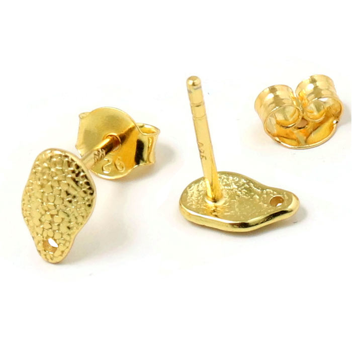 Ear stud, finely hammered pad with hole, 8x5 mm, gold-plated silver, 2 pcs.