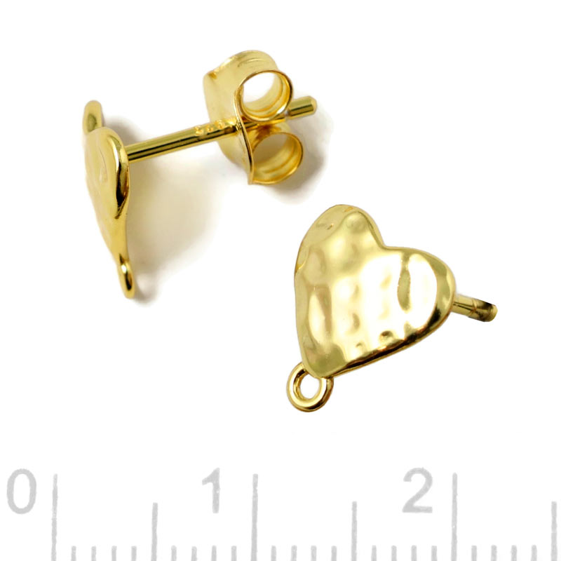 Ear stud with hammered heart with eye, gold-plated silver, 8.8x9.6 mm, 2 pcs