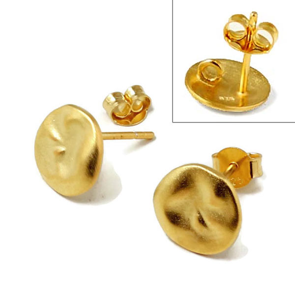 Earstuds, uneven coin with loop on the back, frosted, gold-plated silver, 10x13mm, 2pcs