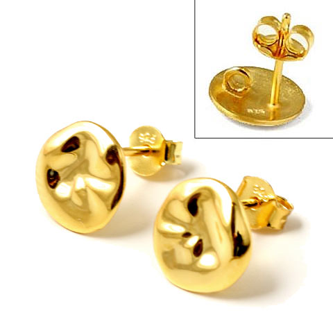Earstuds, uneven coin with loop on the back, shiny, gold-plated silver, 10x13mm, 2pcs