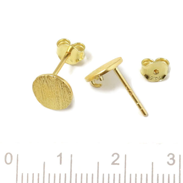 Earstuds with flat brushed coin with loop, gold-plated silver, diameter 8mm, 2pcs