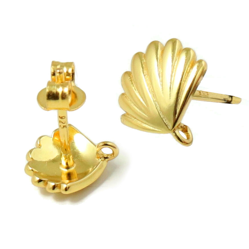 Ear stud, sea shell with closed loop, gold-plated silver, 10x9.5 mm, 2 pcs
