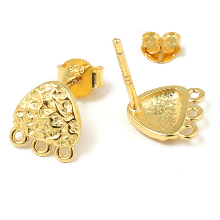 Ear stud, uneven triangle with 3-loops, gold-plated silver, 9x8,5 mm, 2 pcs