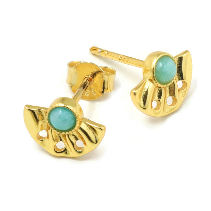 Ear studs, fan with Amazonite and 3-eyes, gold-plated silver, 10x7,5 mm, 2 pcs