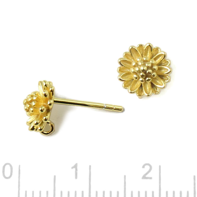 Ear stud, Dalia flower with loop on the back, gold-plated silver, 8 mm, 2 pcs