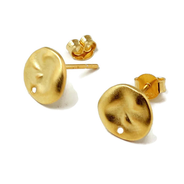 Earstuds, uneven coin with hole, frosted, gold plated silver, 10x13mm, 2pcs