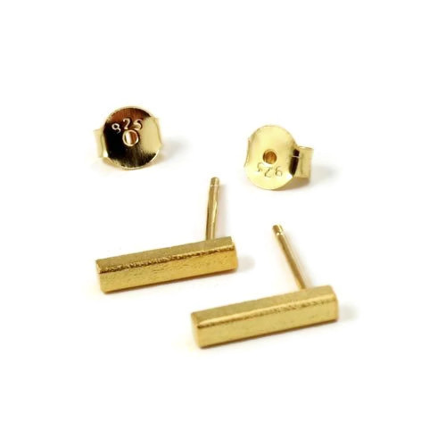 Earstuds, brushed bar, gilded Sterling silver, 11x2mm, 2pcs.