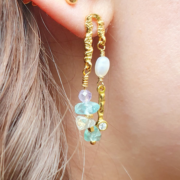 Ear studs, coral branches with eyelets, hammered, 14x6 mm, gold-plated silver, 2 pcs.