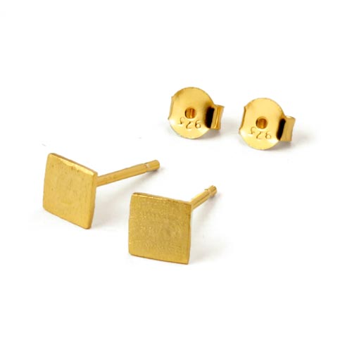 Earstuds, brushed square, gilded Sterling silver, 5.5mm, 2pcs.