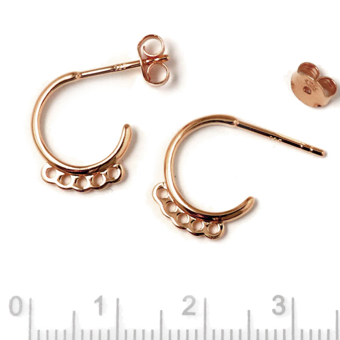 Earstuds, open arch with 5 loops, rose gold-plated silver, dia. 12mm, wire 1.8mm, 2pcs