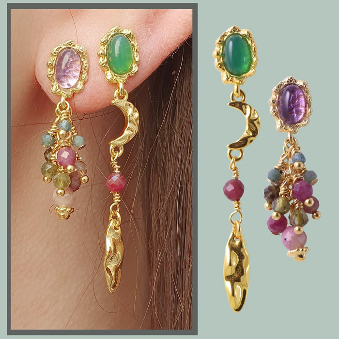Earstuds with green onyx, gold-plated sterling silver, 11,5x7x14mm, 2pcs.
