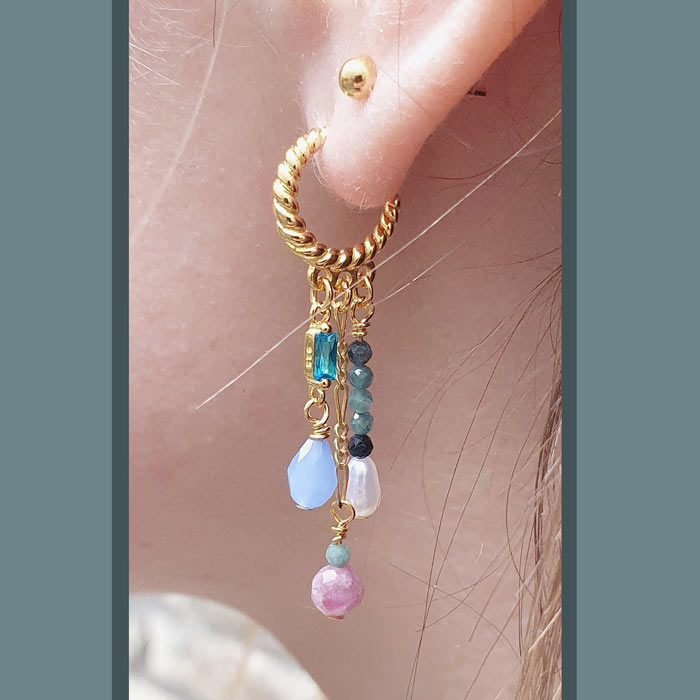 Earstuds, open rippled arch with 3 loops, gold-plated silver, 13x2mm, 2pcs