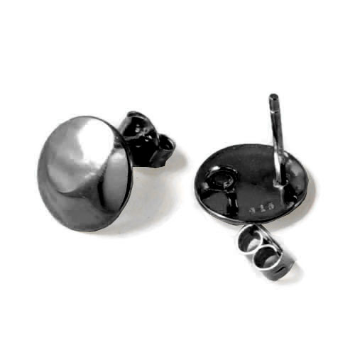 Earstuds with shiny rounded coin, black sterling silver, diameter 10mm, 2pcs