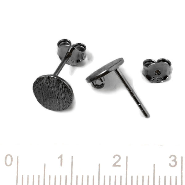 Earstuds with flat brushed coin with loop, black sterling silver, diameter 8mm, 2pcs
