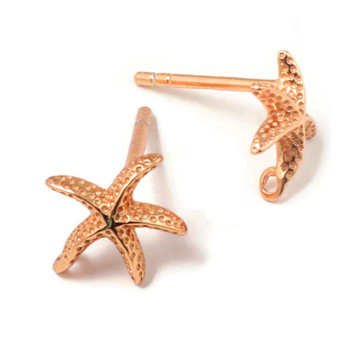 Ear stud, starfish with closed loop, 10x8,5 mm, rose gold-plated silver, 2 pcs.