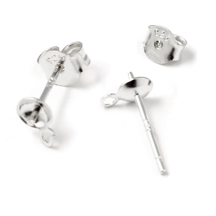 Earstuds with 4mm cup, peg and open jumpring, silver, 12.5x4x0,8mm, 2pcs