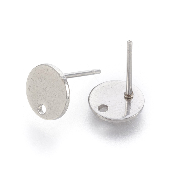 Earstuds, flat pad with hole and earnuts, surgical steel, pad diameter 8mm, 6pcs