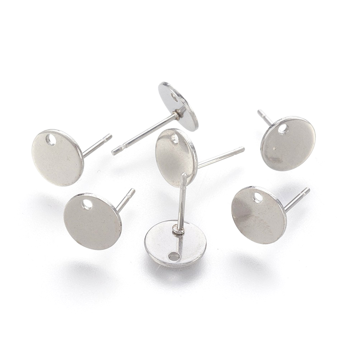 Earstuds, flat pad with hole and earnuts, surgical steel, pad diameter 8mm, 6pcs
