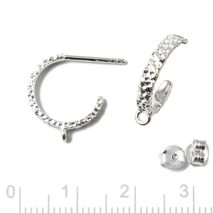 Earstuds, hammered open arch with closed loop, silver, 13mm, 2pcs