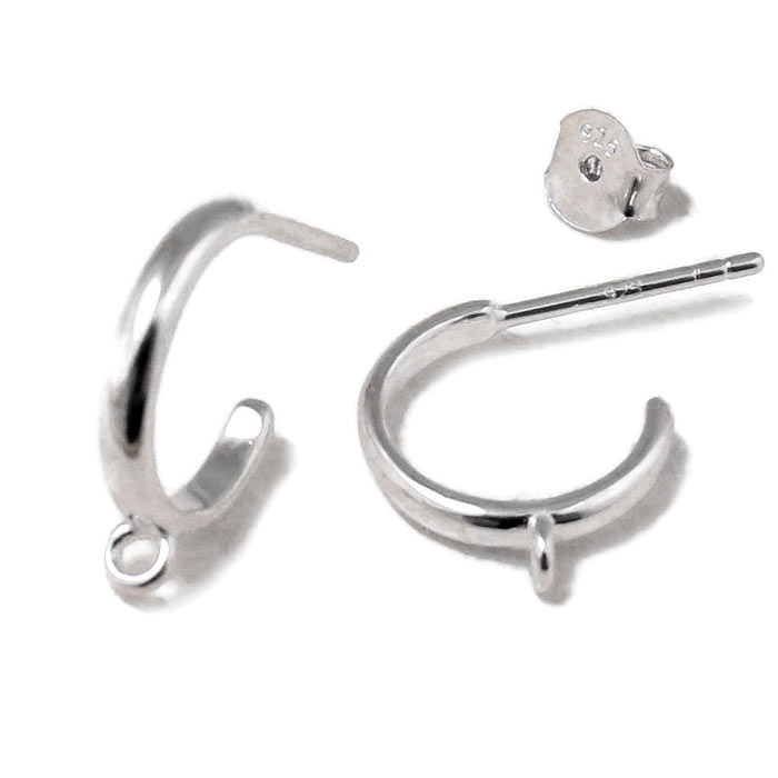 Earstuds, small, open arc with loop, silver, diameter 12mm, width 1.8mm, 2pcs
