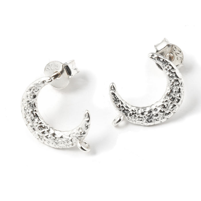 Stud earrings, hammered crescent moon with loop, 14x10 mm, silver, 2 pcs.