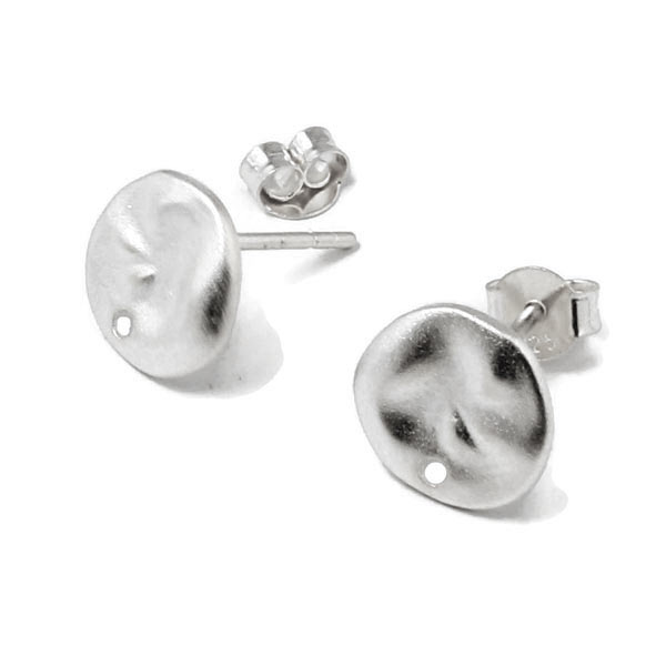Earstuds, uneven coin with hole, frosted, silver, 10x13mm, 2pcs