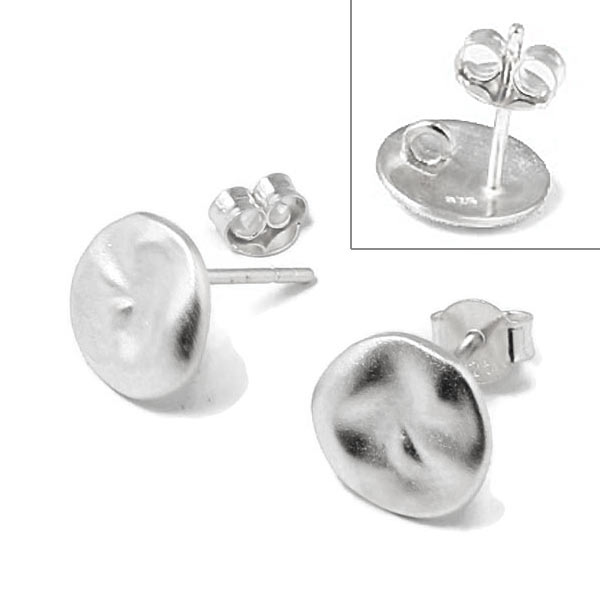 Earstuds, uneven coin with loop on the backside, frosted, silver, 10x13mm, 2pcs